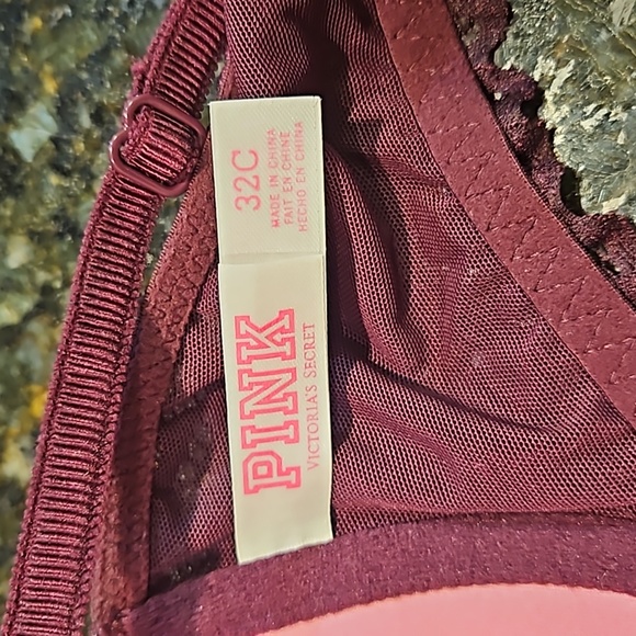 Victoria's Secret PINK Push-up Bra Maroon w/ Lace Floral Pattern Womens 32 C - Picture 10 of 11